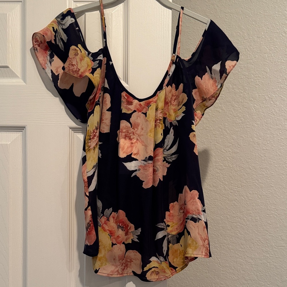 Joie Navy Floral Cold Shoulder Blouse